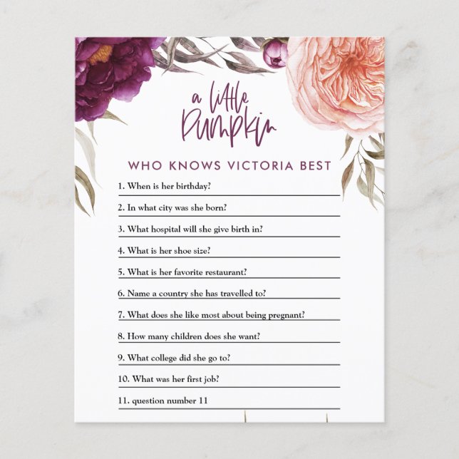 Little pumpkin watercolor floral baby shower game  flyer (Front)