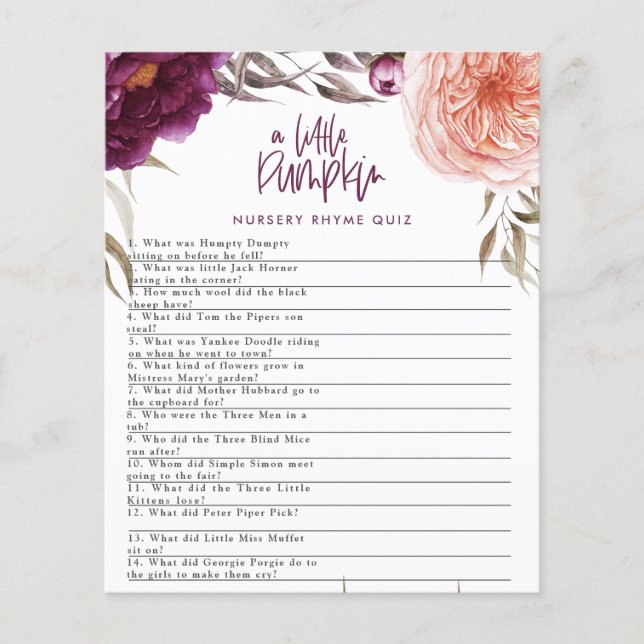 Little pumpkin watercolor floral baby shower game flyer (Front)