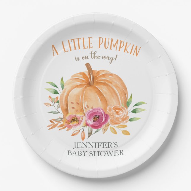 Little Pumpkin Watercolor Floral Baby Shower Paper Plate (Front)