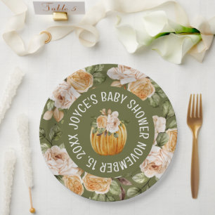 Little Pumpkin Watercolor Floral Fall Baby Shower Paper Plate
