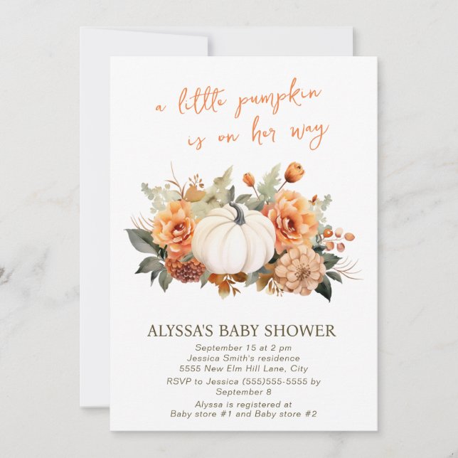 Little Pumpkin Watercolor Floral Girl Baby Shower Invitation (Front)