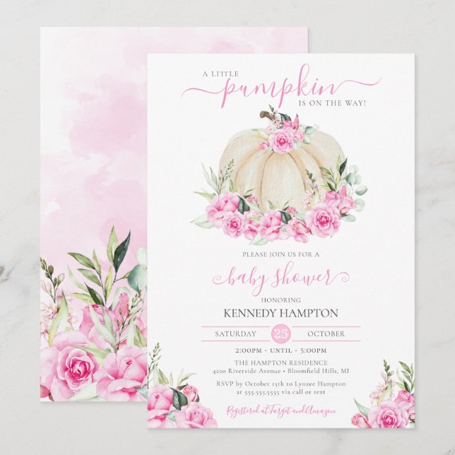 Little Pumpkin White Pink Floral Girl Baby Shower Invitation (Front/Back)