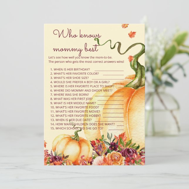 Little pumpkin Who knows mummy best game Invitation (Standing Front)
