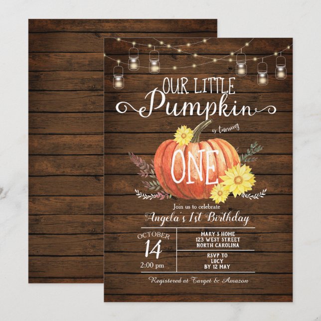 Little Pumpkin Wood Fall 1st Birthday invite (Front/Back)