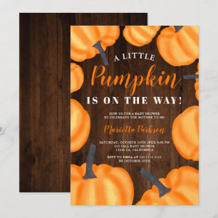 Little pumpkin wood orange fall baby shower invitation