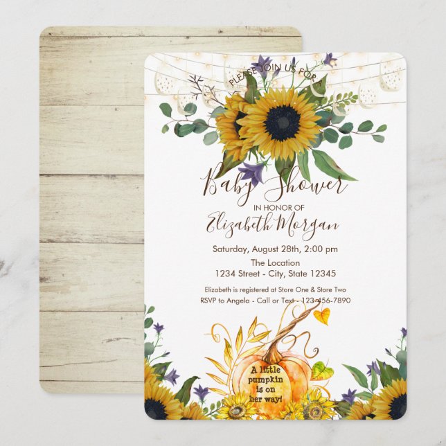 Little Pumpkin, Wood Sunflowers Baby Shower  Invitation (Front/Back)