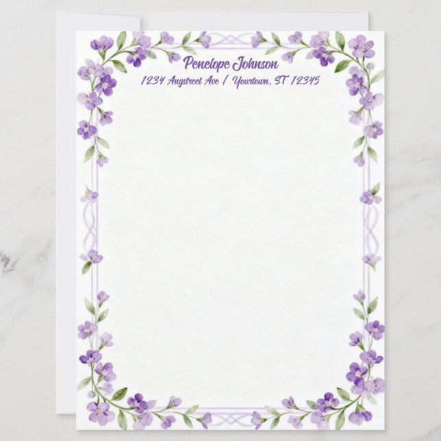 Little Purple Flowers on a Frame Stationery Paper (Front)