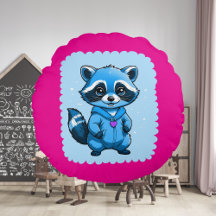 Little Racoon In Blue Round Pillow