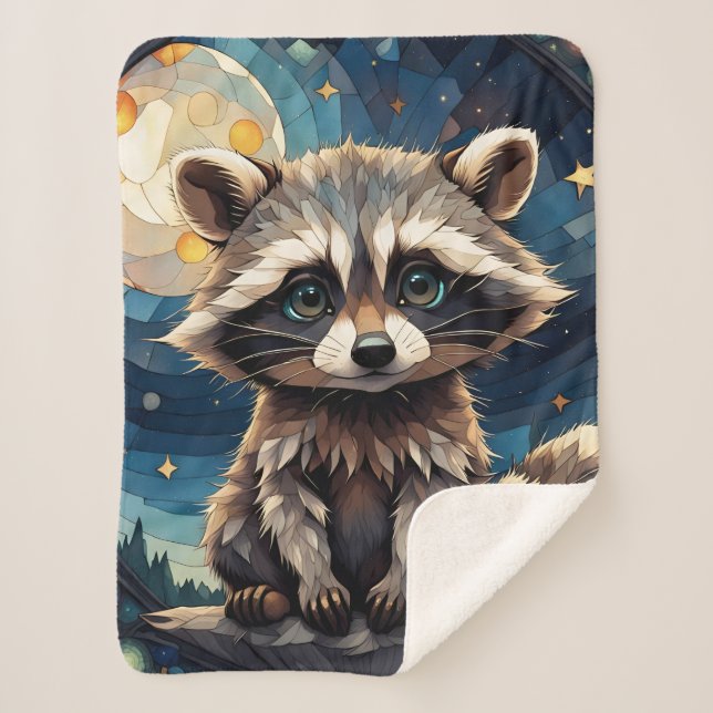 Little Racoon Night Sky Stained Glass Sherpa Blanket (Front)