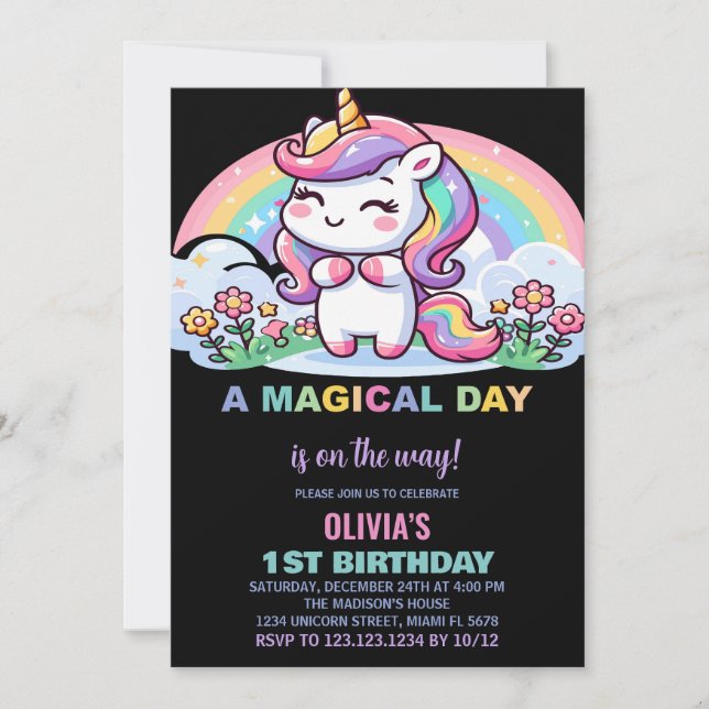 Little Rainbow Unicorn Birthday Invitations (Front)