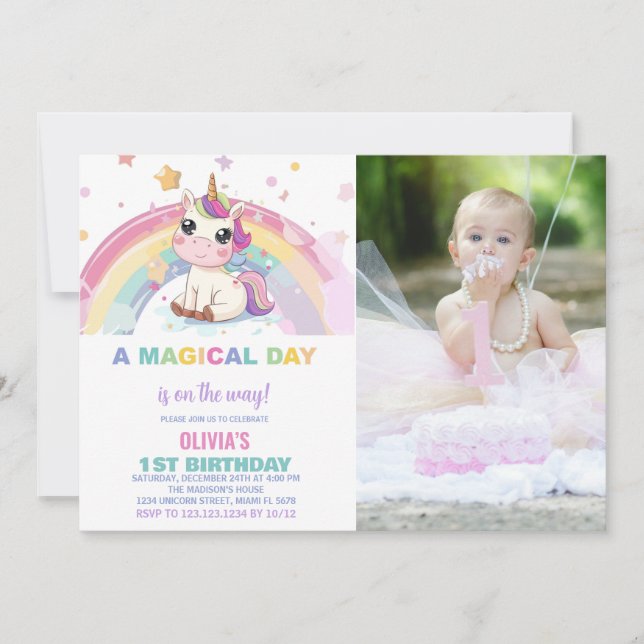 Little Rainbow Unicorn Birthday Invitations photo (Front)