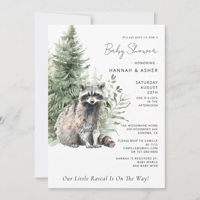 Little Rascal Racoon Forest Baby Shower Invitation (Front)