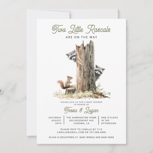 Little Rascals Raccoons Twins Baby Shower  Invitation (Front)