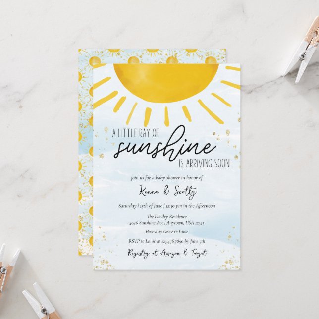 Little Ray of Sunshine Baby Boy Shower Invitation (Front/Back In Situ)