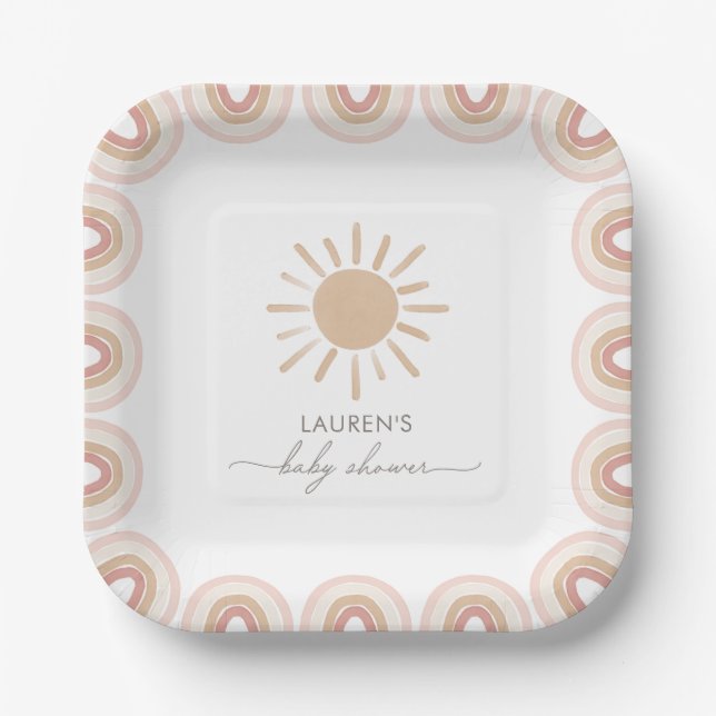 Little Ray of Sunshine Boho Girl Baby Shower Paper Plate (Front)