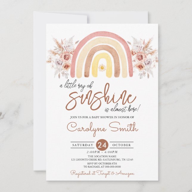 Little Ray of Sunshine Boho Rainbow Baby Shower Invitation (Front)
