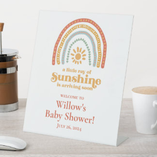 Little Ray of Sunshine Boho Rainbow Baby Shower Pedestal Sign