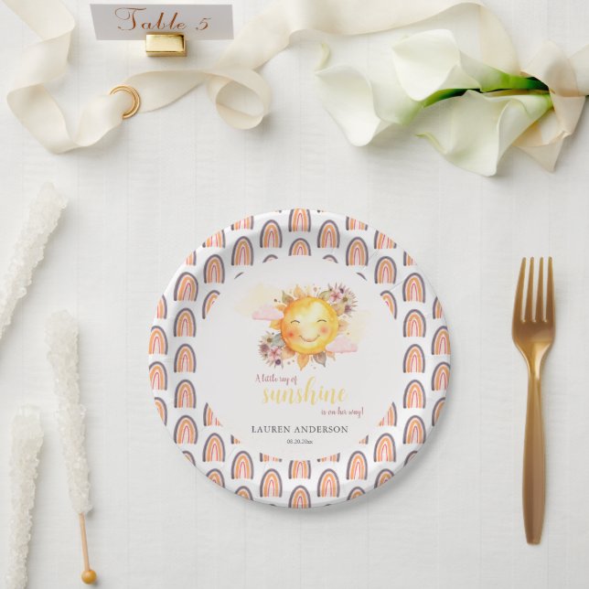 Little Ray Of Sunshine Girl Baby Boho Rainbow Paper Plate (Wedding)