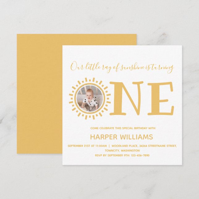 Little Ray of Sunshine Photo Baby 1st Birthday Invitation (Front/Back)