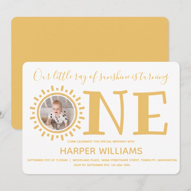 Little Ray of Sunshine Photo Baby First Birthday Invitation (Front/Back)