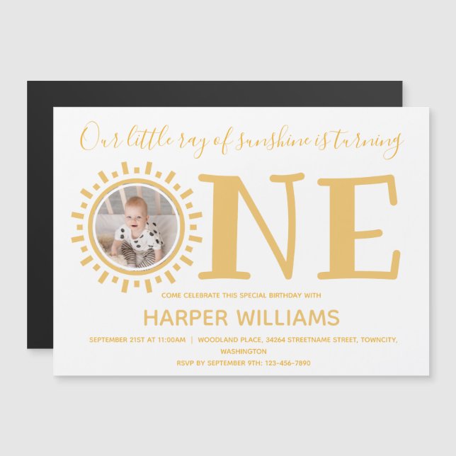 Little Ray of Sunshine Photo Baby First Birthday Magnetic Invitation (Front/Back)