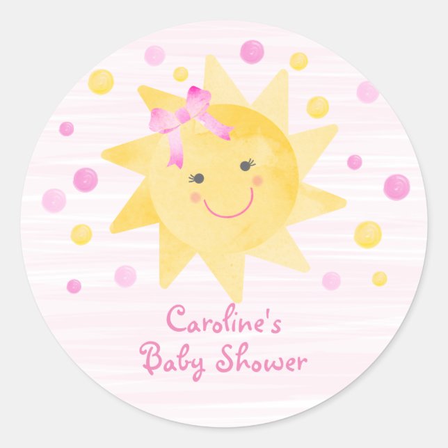 Little Ray of Sunshine Pink Yellow Baby Shower Classic Round Sticker (Front)