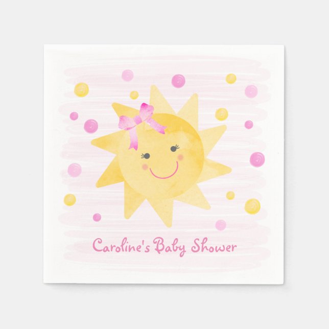 Little Ray of Sunshine Pink Yellow Baby Shower Napkin (Front)