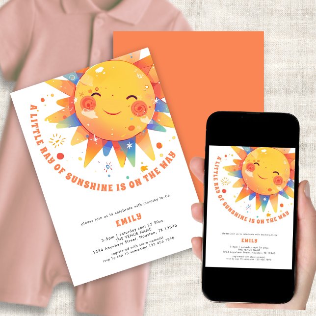 Little Ray of Sunshine Retro Baby Shower  Invitation (Front and back view. Available digitally and printed)