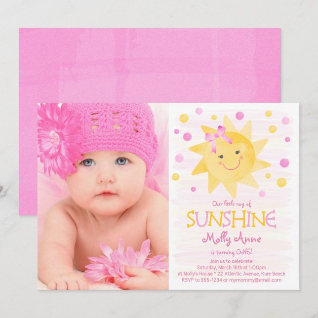 Little Ray of Sunshine Watercolor Birthday Invitation (Front/Back)