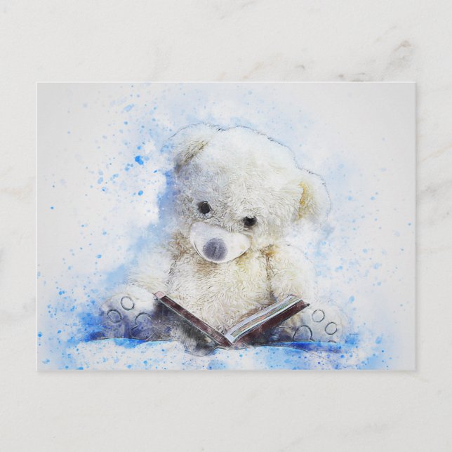 Little Reading Teddy Bear Watercolor Postcard (Front)