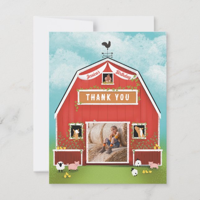 Little Red Barn Farm Birthday Party Thank You Card (Front)