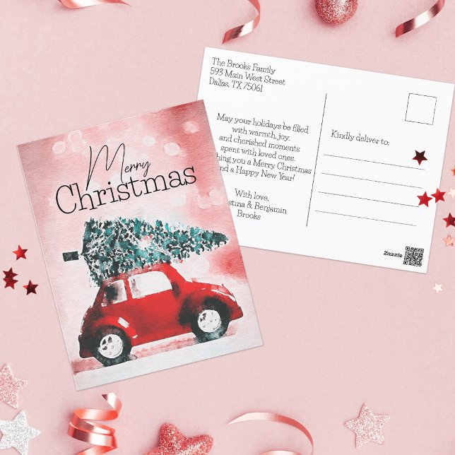 Little Red Beetle Car Christmas Tree Holiday Postcard (Creator Uploaded)