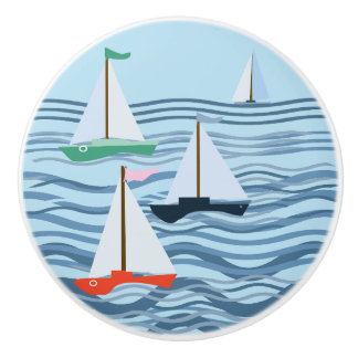 Little red blue and green sailboats ceramic knob