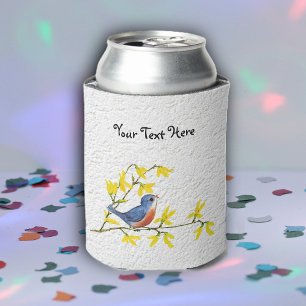 Little Red Blue Bird on Branch Flowers Textured  Can Cooler
