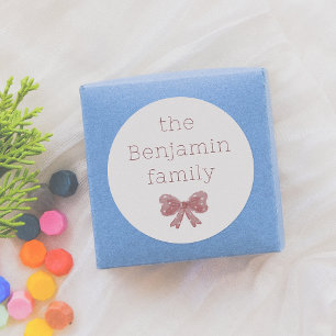 Little Red Bow   Custom Family Name Christmas Classic Round Sticker