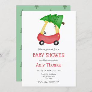 Little Red Car with Christmas Tree Baby Shower Invitation