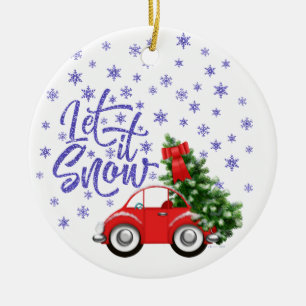 Little Red Car With Christmas Tree Ceramic Tree Decoration