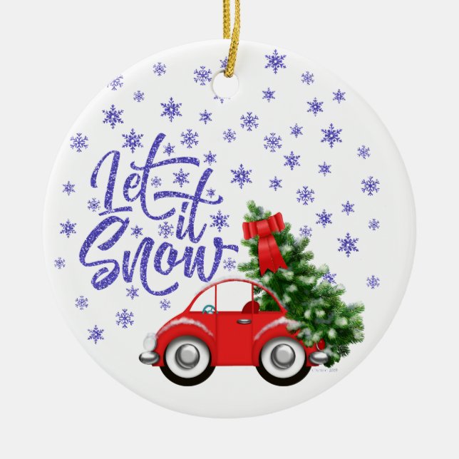 Little Red Car With Christmas Tree Ceramic Tree Decoration (Front)