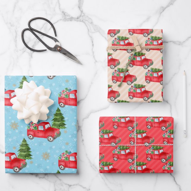 Little Red Car With Christmas Tree Wrapping Paper Sheet (Front)