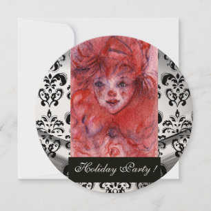 LITTLE RED CLOWN ,Black White Damask Holiday Party Invitation