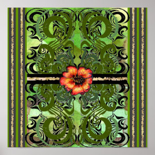Little Red Flower and green damask pattern Poster