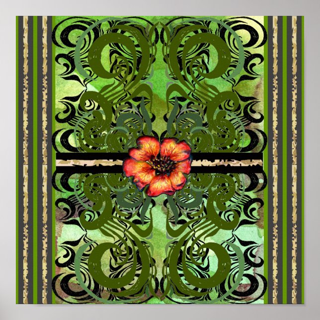 Little Red Flower and green damask pattern Poster (Front)