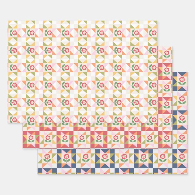 Little red flower quilt block  wrapping paper sheet (Set)