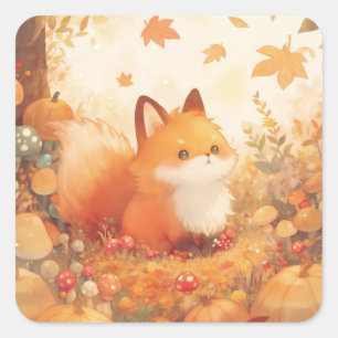 Little Red Fox in Autumn Forest with Pumpkins Square Sticker