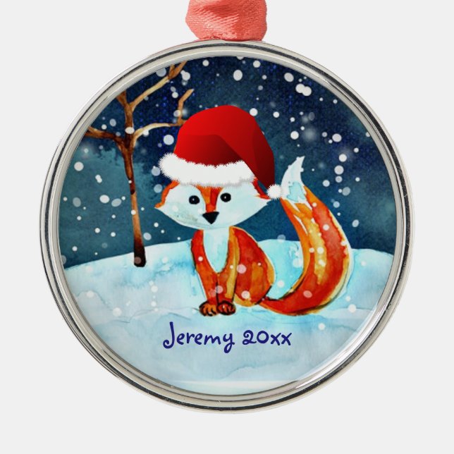 Little Red Fox in Santa Hat  Metal Tree Decoration (Front)