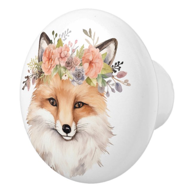 Little Red Fox With Floral Headpiece Ceramic Knob (Right)