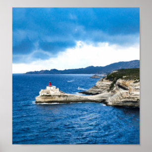 Little red french Lighthouse on white cliff Poster