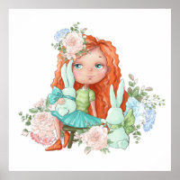 Little Red Haired Girl with Bunnies Flowers Poster