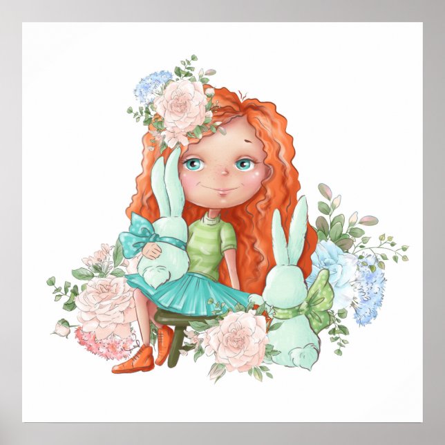 Little Red Haired Girl with Bunnies Flowers Poster (Front)