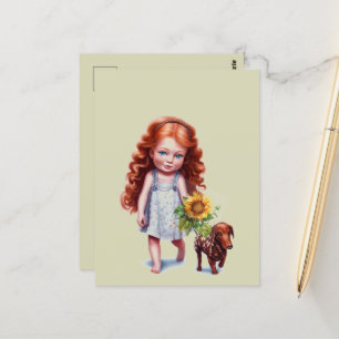 Little Red Head Girl Walking Dachshund Postcard